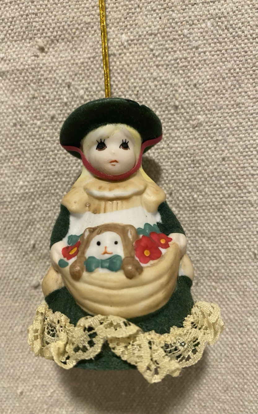 Vtg Jasco Heirloom Doll ORNAMENT Porcelain Doll wToys Bell Tree Hanging ORNAMENT